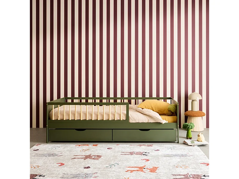 Lit enfant 90 x 190 cm pin naturel avec sommier et tiroirs vert - Elio