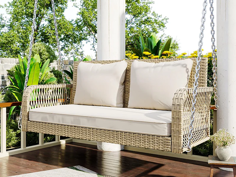 Balancelle de Jardin 2 Places en Rotin - avec Coussin Double Confortable et Housses Amovibles - Résistante aux UV et Intempéries - pour Jardin, Terrasse ou Balcon -