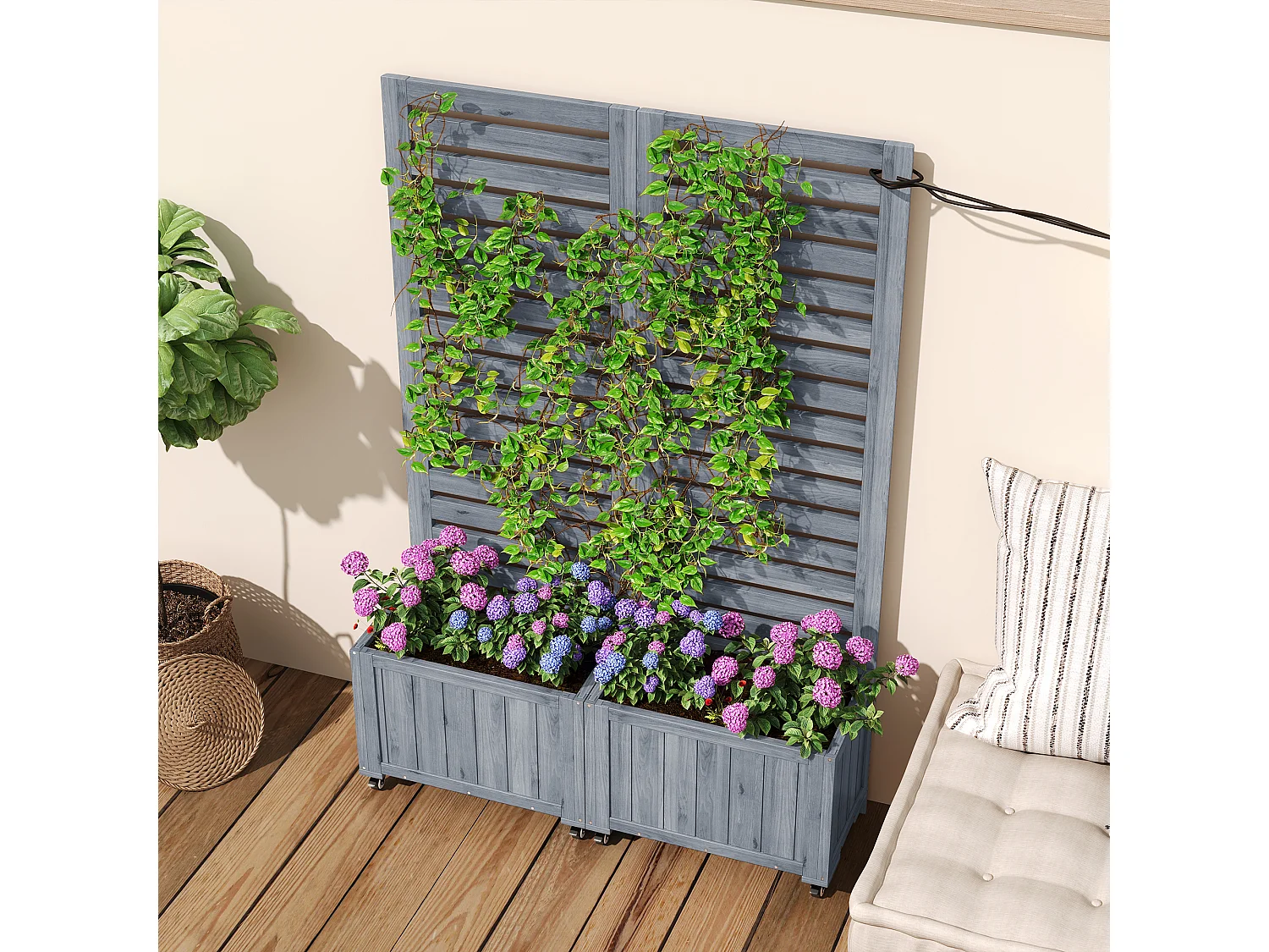 Tuin cache-pot met zwenkwielen - 102x32x152 cm - Klimplantenrek - 2 plantenbakken in duurzaam massief grenen - Ideaal voor balkon en terras
