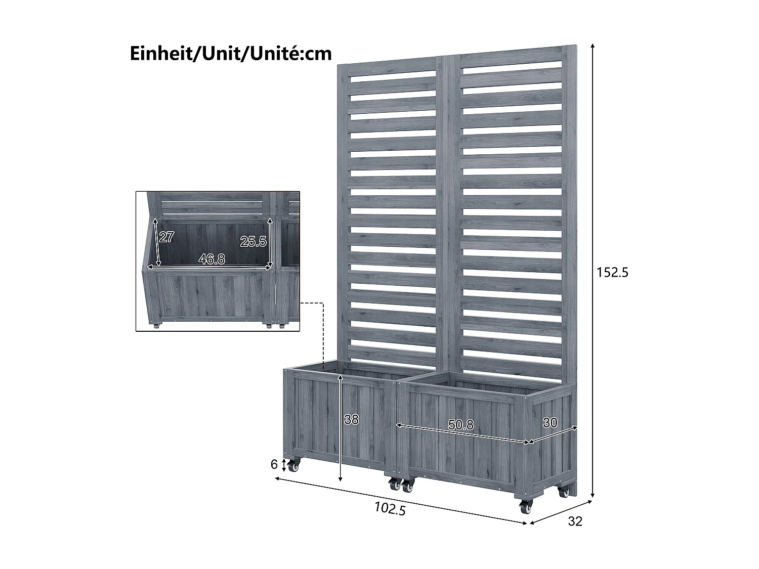 Tuin cache-pot met zwenkwielen - 102x32x152 cm - Klimplantenrek - 2 plantenbakken in duurzaam massief grenen - Ideaal voor balkon en terras
