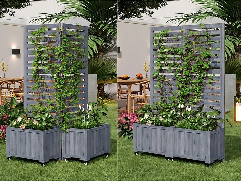 Tuin cache-pot met zwenkwielen - 102x32x152 cm - Klimplantenrek - 2 plantenbakken in duurzaam massief grenen - Ideaal voor balkon en terras