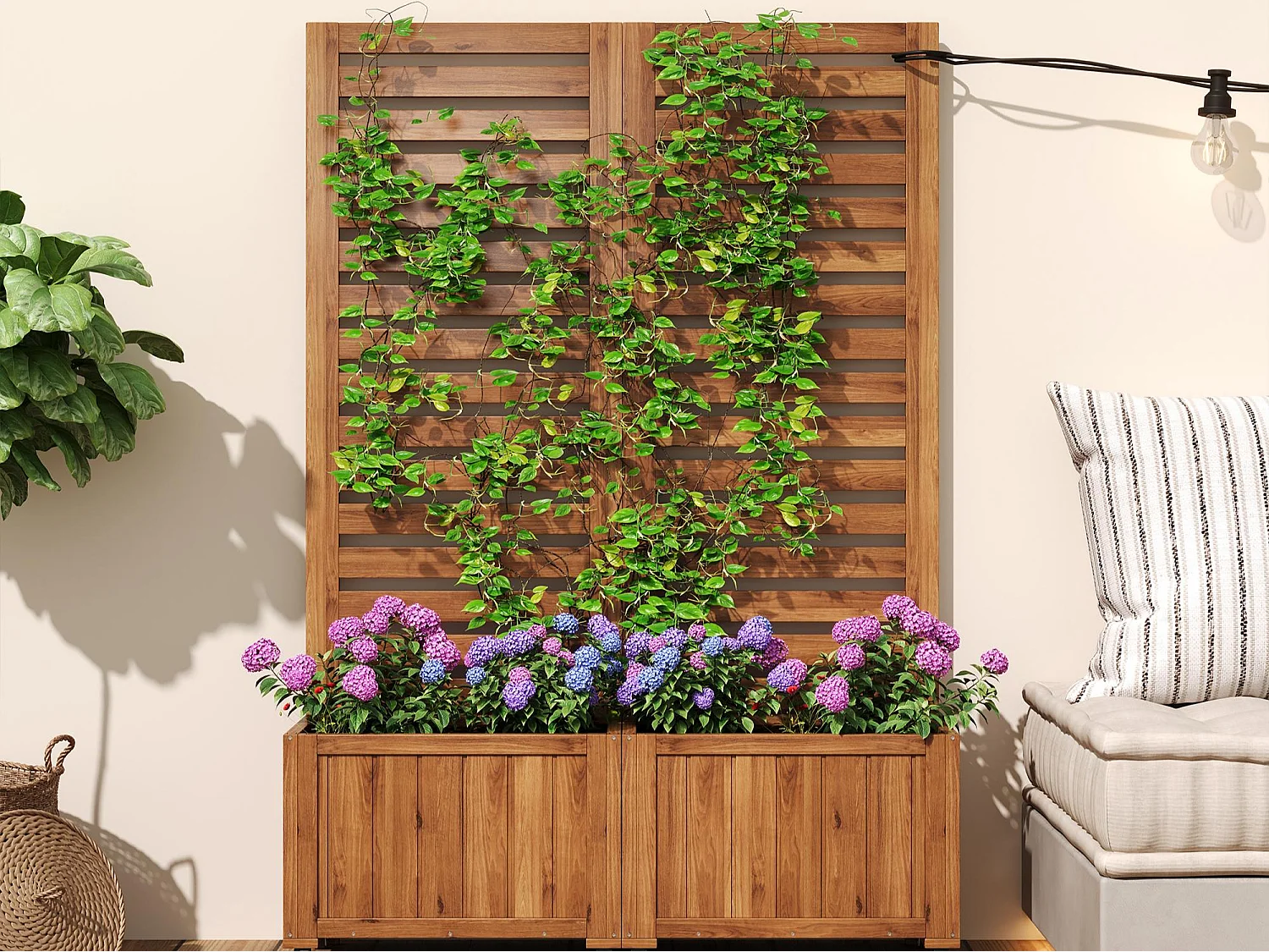 Tuin cache-pot met zwenkwielen - 102x32x152 cm - Klimplantenrek - 2 plantenbakken in duurzaam massief grenen - Ideaal voor balkon en terras