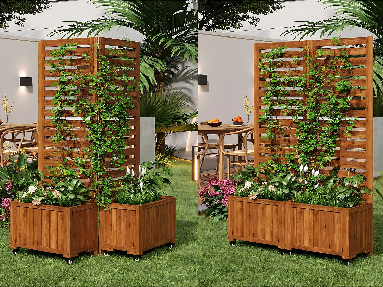 Tuin cache-pot met zwenkwielen - 102x32x152 cm - Klimplantenrek - 2 plantenbakken in duurzaam massief grenen - Ideaal voor balkon en terras