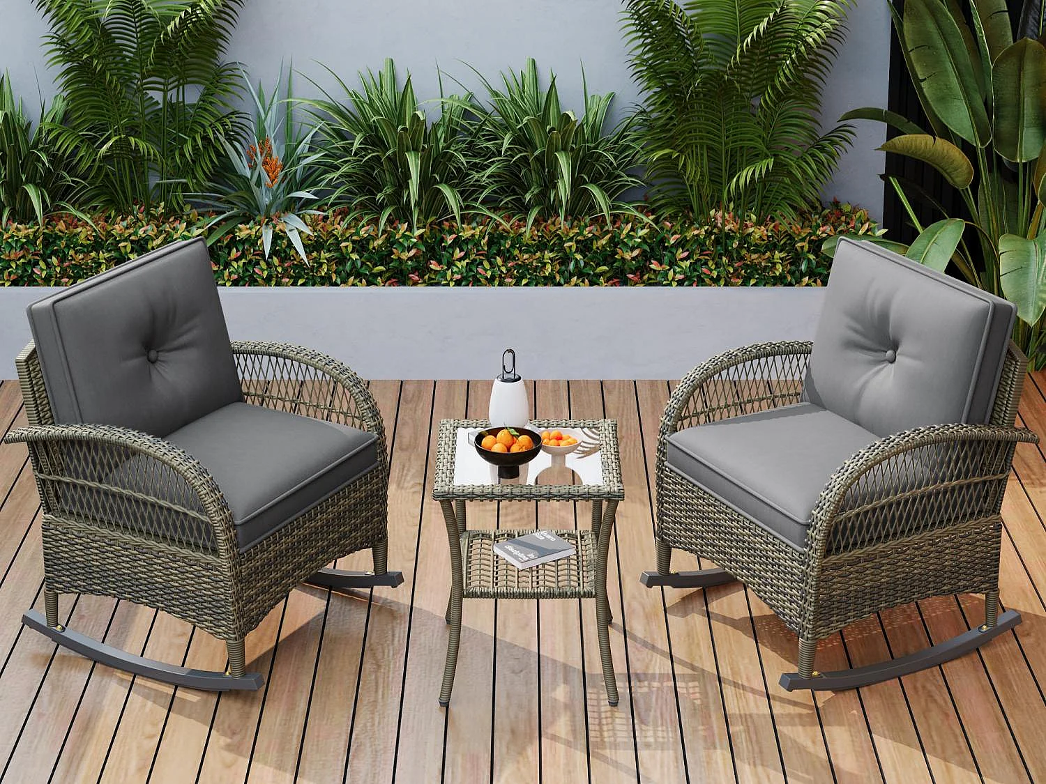 Conjunto Jardín - 2 Mecedoras con Mesa de Vidrio Templado - Respaldo Alto - Ratán Sintético y Acero Galvanizado - Carga Máx. 160kg - Para Terraza/Balcón/Jardín