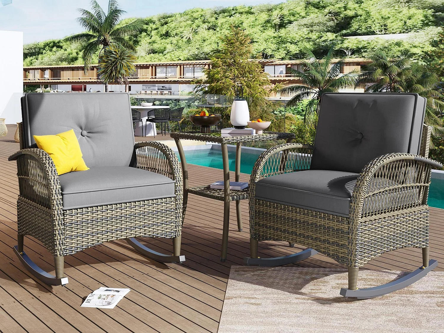 Conjunto Jardín - 2 Mecedoras con Mesa de Vidrio Templado - Respaldo Alto - Ratán Sintético y Acero Galvanizado - Carga Máx. 160kg - Para Terraza/Balcón/Jardín