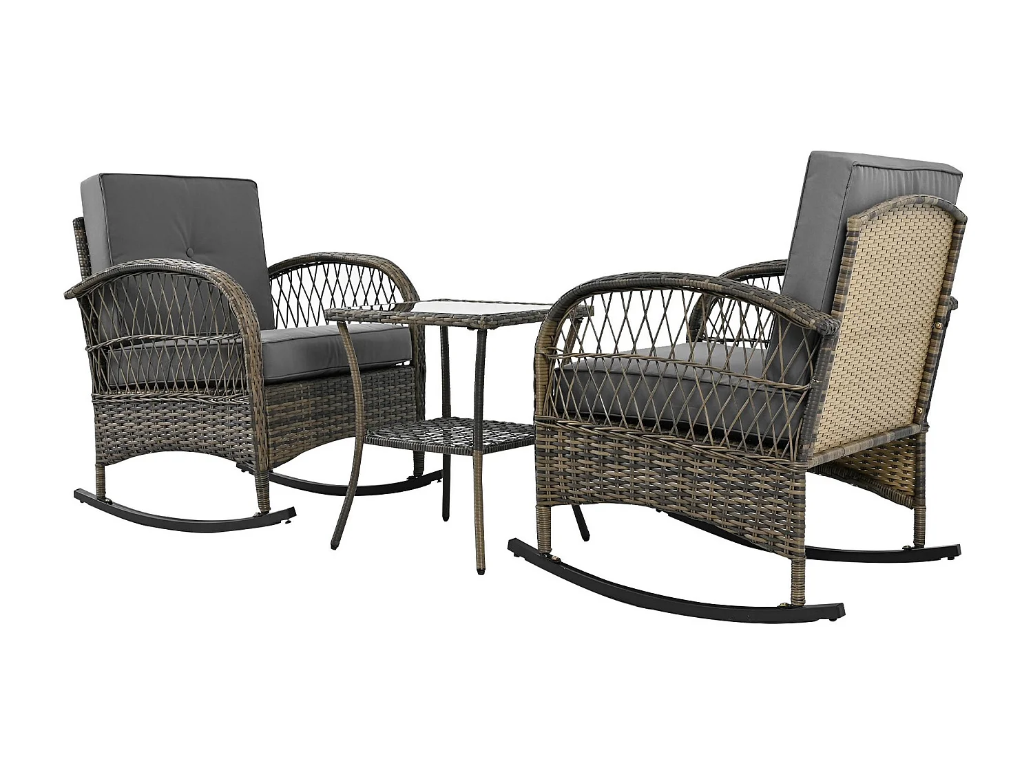 Conjunto Jardín - 2 Mecedoras con Mesa de Vidrio Templado - Respaldo Alto - Ratán Sintético y Acero Galvanizado - Carga Máx. 160kg - Para Terraza/Balcón/Jardín