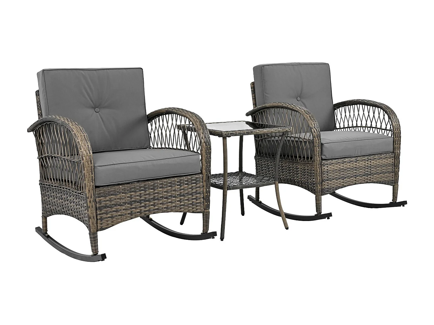 Conjunto Jardín - 2 Mecedoras con Mesa de Vidrio Templado - Respaldo Alto - Ratán Sintético y Acero Galvanizado - Carga Máx. 160kg - Para Terraza/Balcón/Jardín