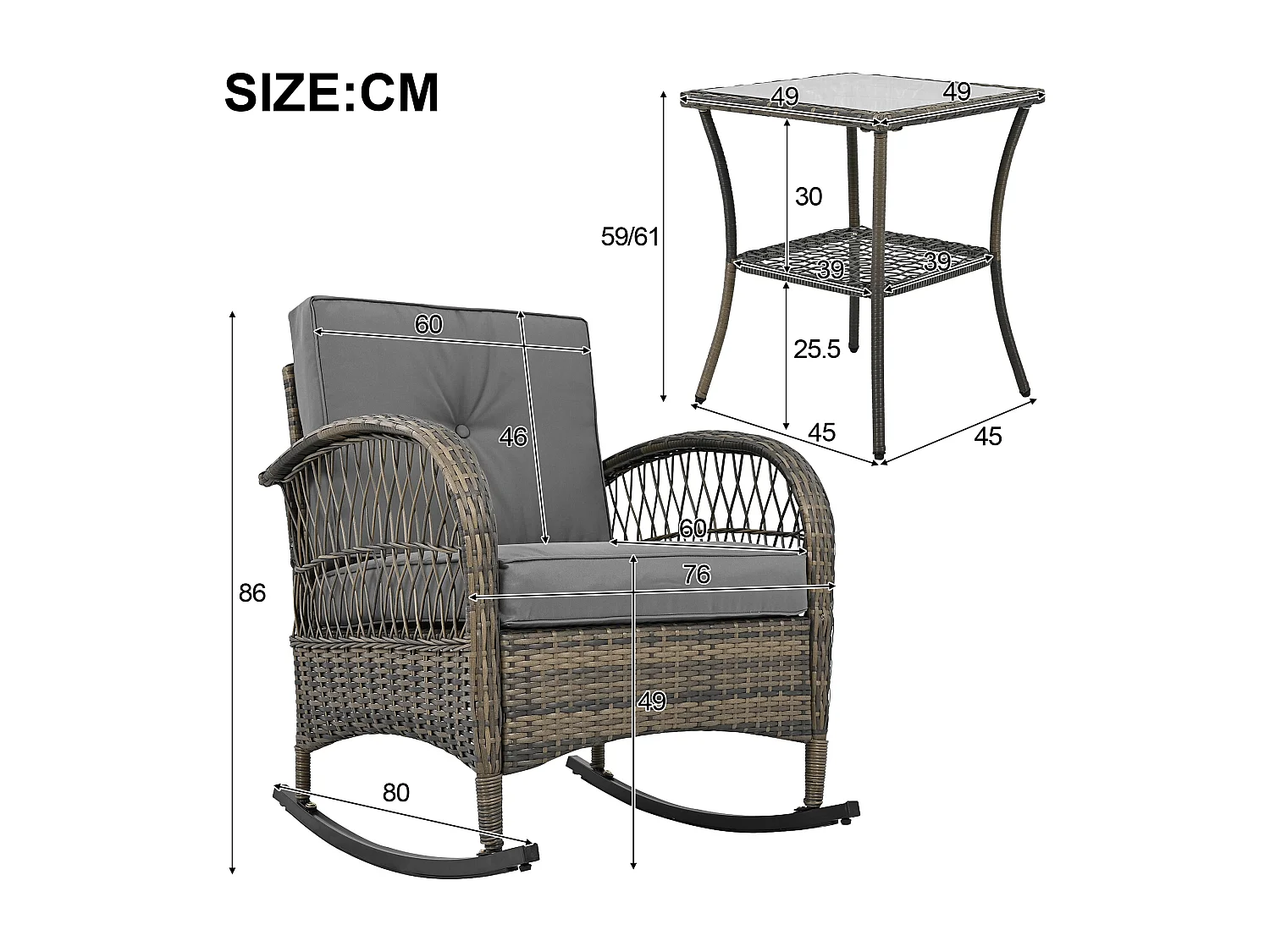 Conjunto Jardín - 2 Mecedoras con Mesa de Vidrio Templado - Respaldo Alto - Ratán Sintético y Acero Galvanizado - Carga Máx. 160kg - Para Terraza/Balcón/Jardín