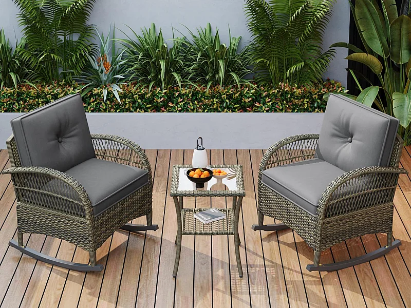 Ensemble Salon de Jardin - 2 Fauteuils à Bascule avec Table en Verre Trempé - Confort Haute Dossier - Rotin et Acier Galvanisé Robuste - Charge Max 160kg - Pour Ter