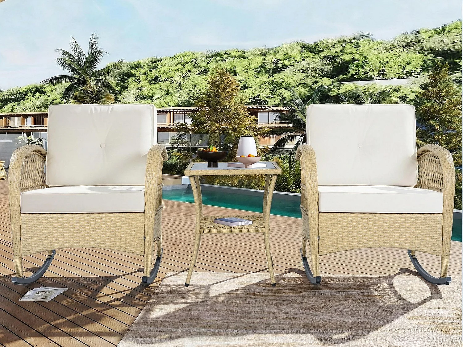 Conjunto Jardín - 2 Mecedoras con Mesa de Vidrio Templado - Respaldo Alto - Ratán Sintético y Acero Galvanizado - Carga Máx. 160kg - Para Terraza/Balcón/Jardín