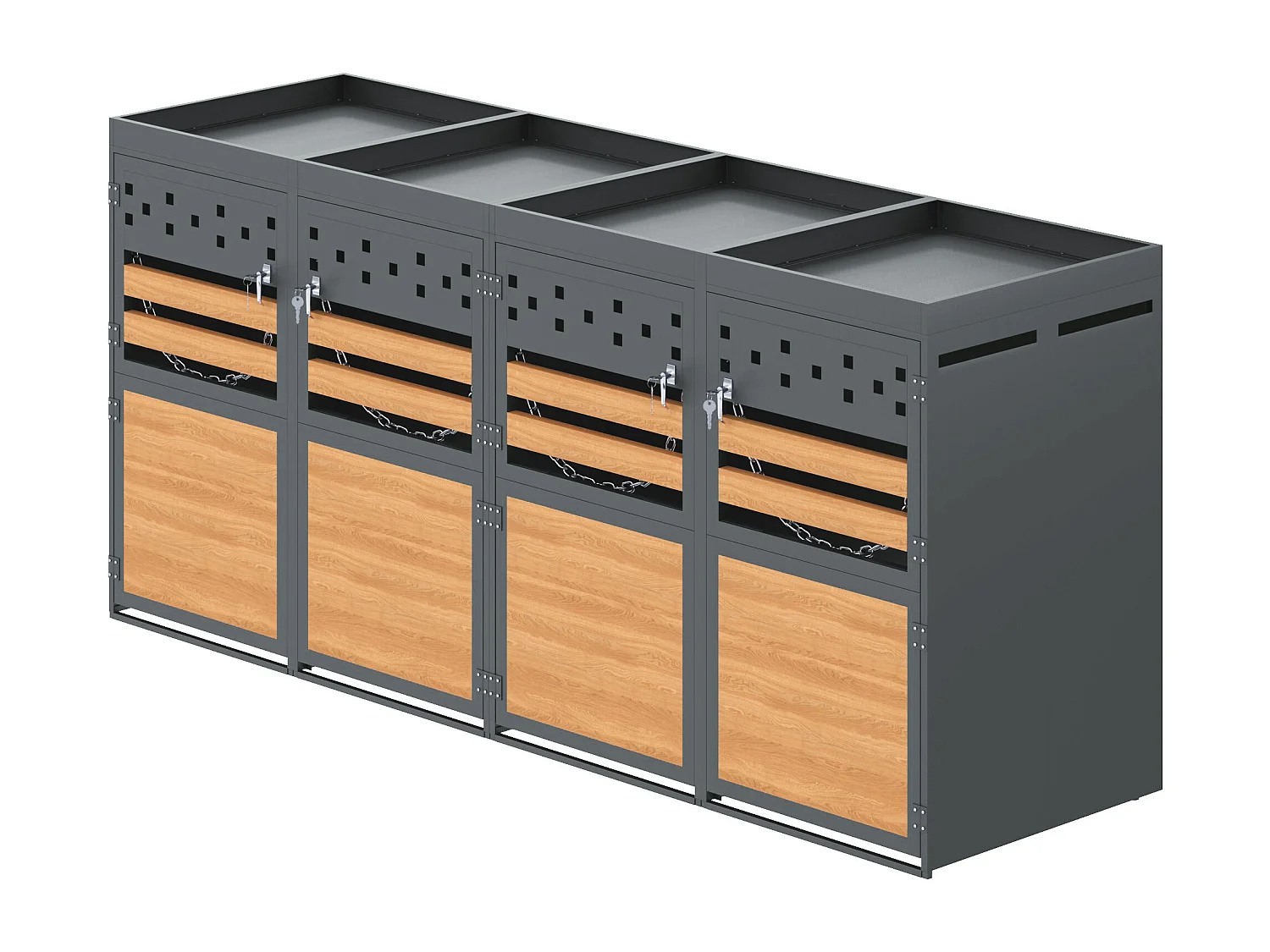 Abri pour Poubelles Quadruple - Pour 4x 120-240 L - Toit Végétalisable - Acier Galvanisé - Finition Anthracite & Bois - 264x80x125 cm