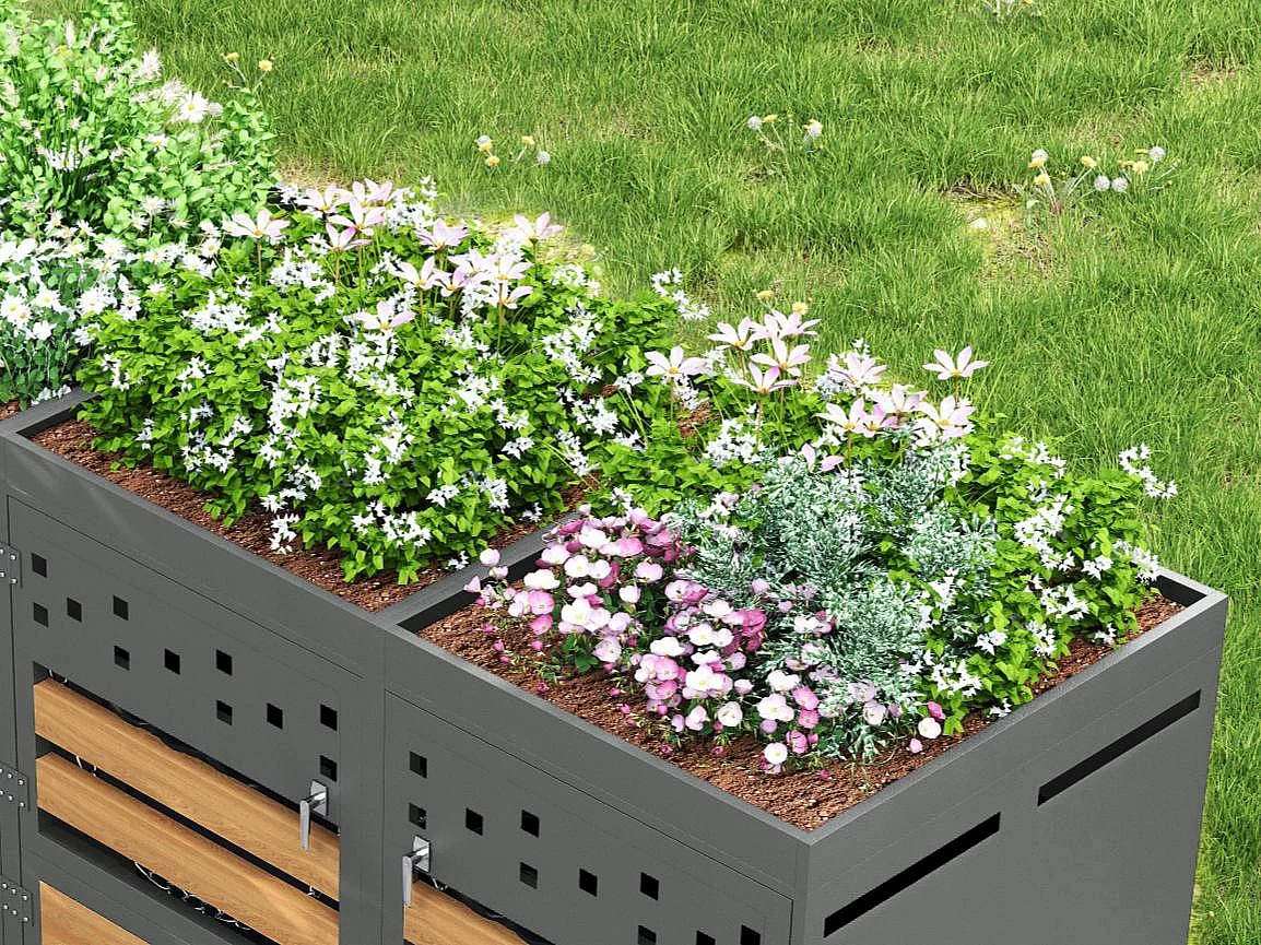 Abri pour Poubelles Quadruple - Pour 4x 120-240 L - Toit Végétalisable - Acier Galvanisé - Finition Anthracite & Bois - 264x80x125 cm