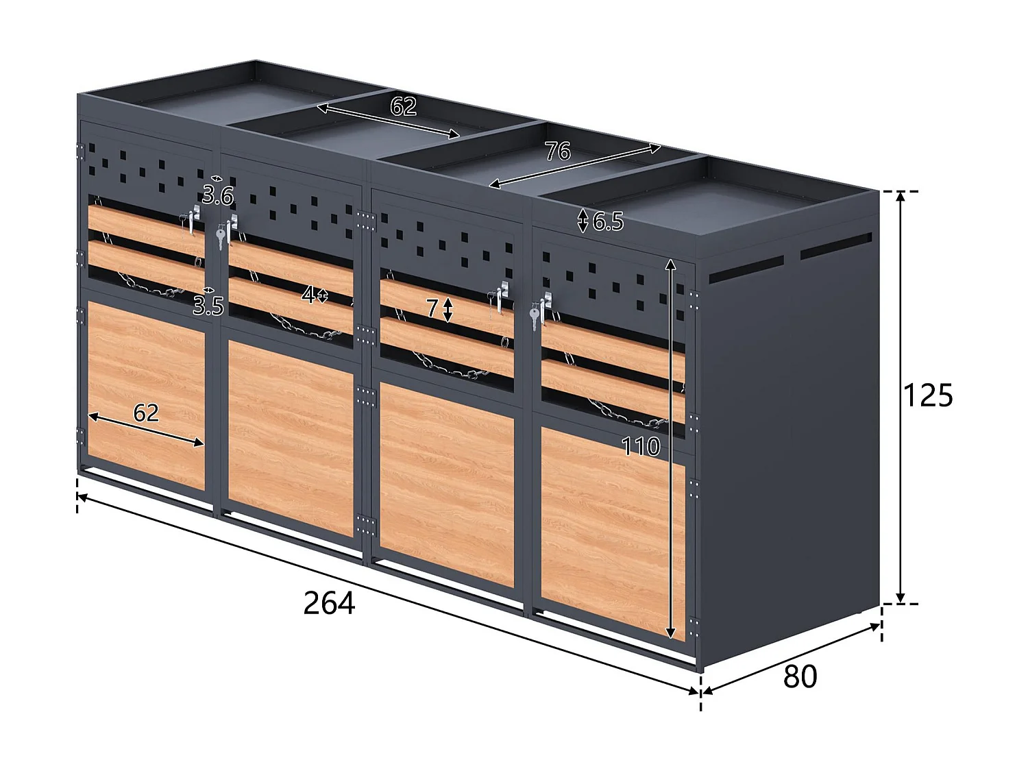 Abri pour Poubelles Quadruple - Pour 4x 120-240 L - Toit Végétalisable - Acier Galvanisé - Finition Anthracite & Bois - 264x80x125 cm
