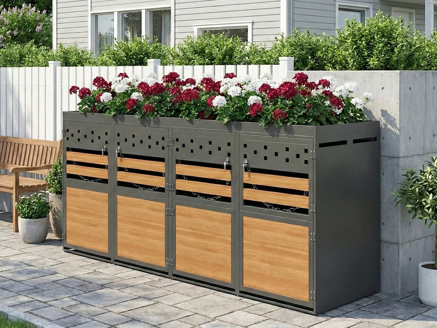 Abri pour Poubelles Quadruple - Pour 4x 120-240 L - Toit Végétalisable - Acier Galvanisé - Finition Anthracite & Bois - 264x80x125 cm