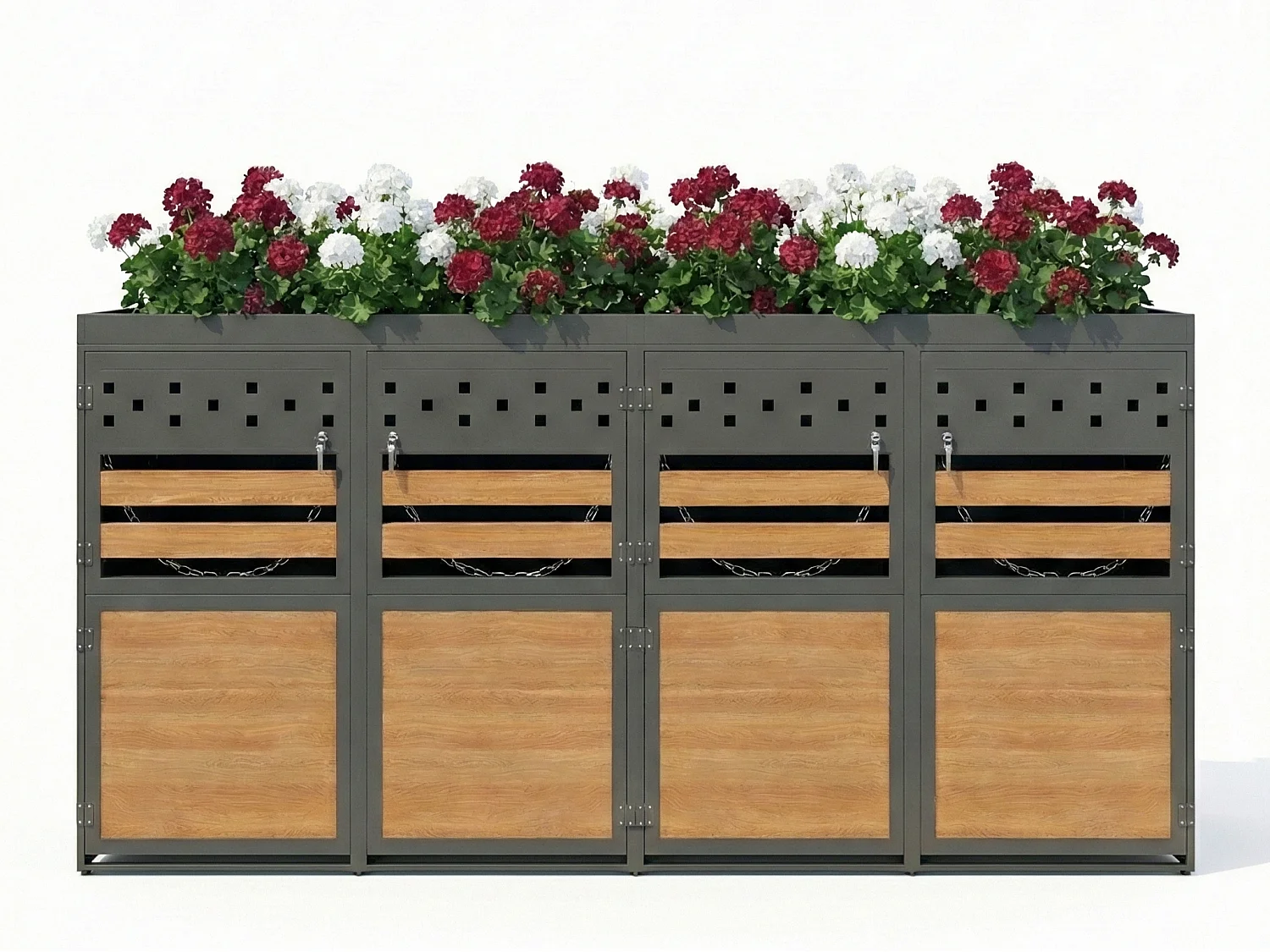 Abri pour Poubelles Quadruple - Pour 4x 120-240 L - Toit Végétalisable - Acier Galvanisé - Finition Anthracite & Bois - 264x80x125 cm