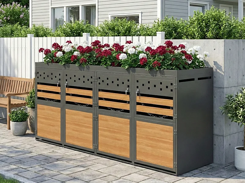 Abri pour Poubelles Quadruple - Pour 4x 120-240 L - Toit Végétalisable - Acier Galvanisé - Finition Anthracite & Bois - 264x80x125 cm