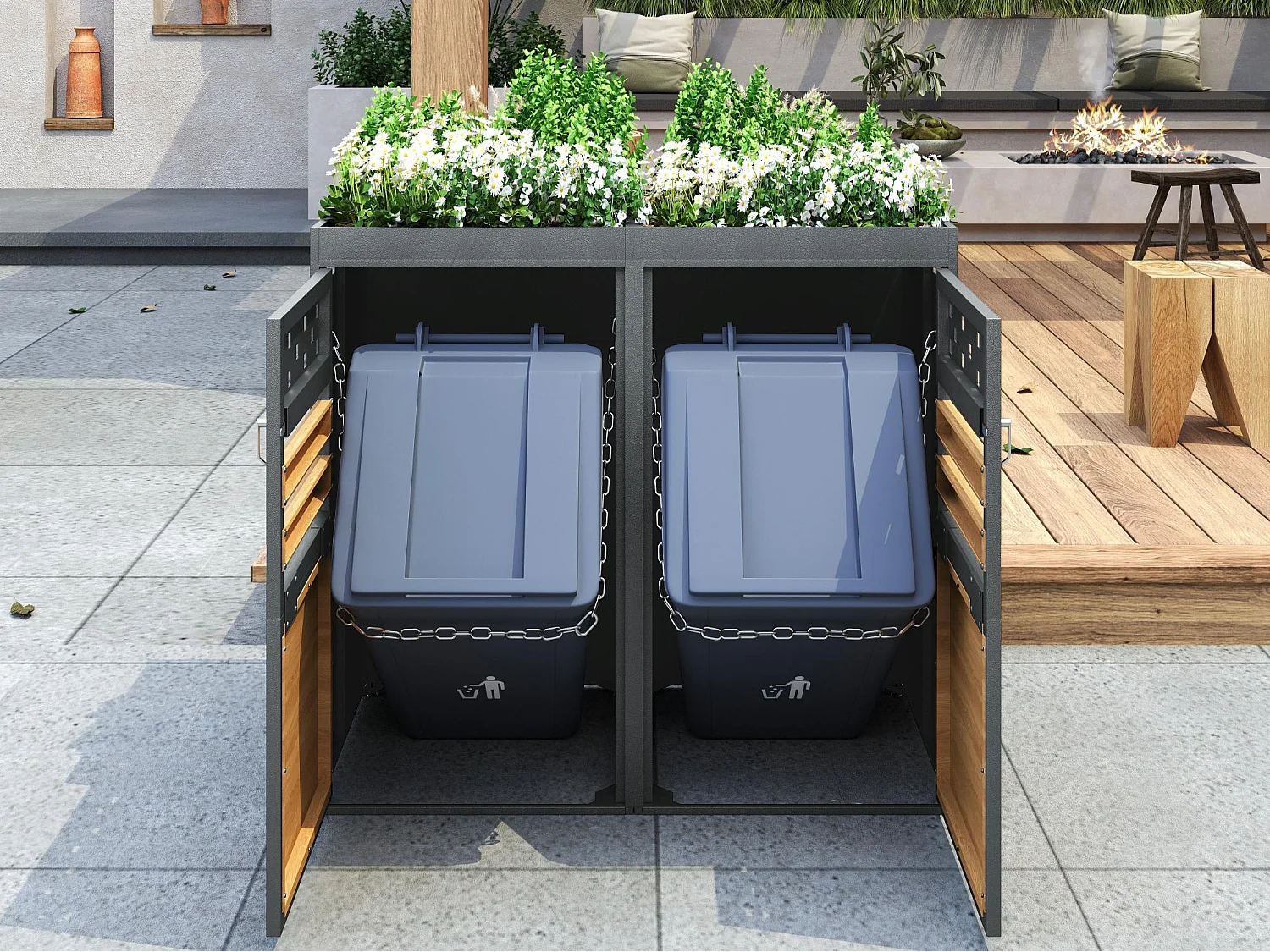 Abri pour Poubelles Double avec Toit Végétalisable - Pour 2 Poubelles 120-240L - En Acier Galvanisé - Design Moderne avec Serrure et Chaînes - 132x80x125 cm