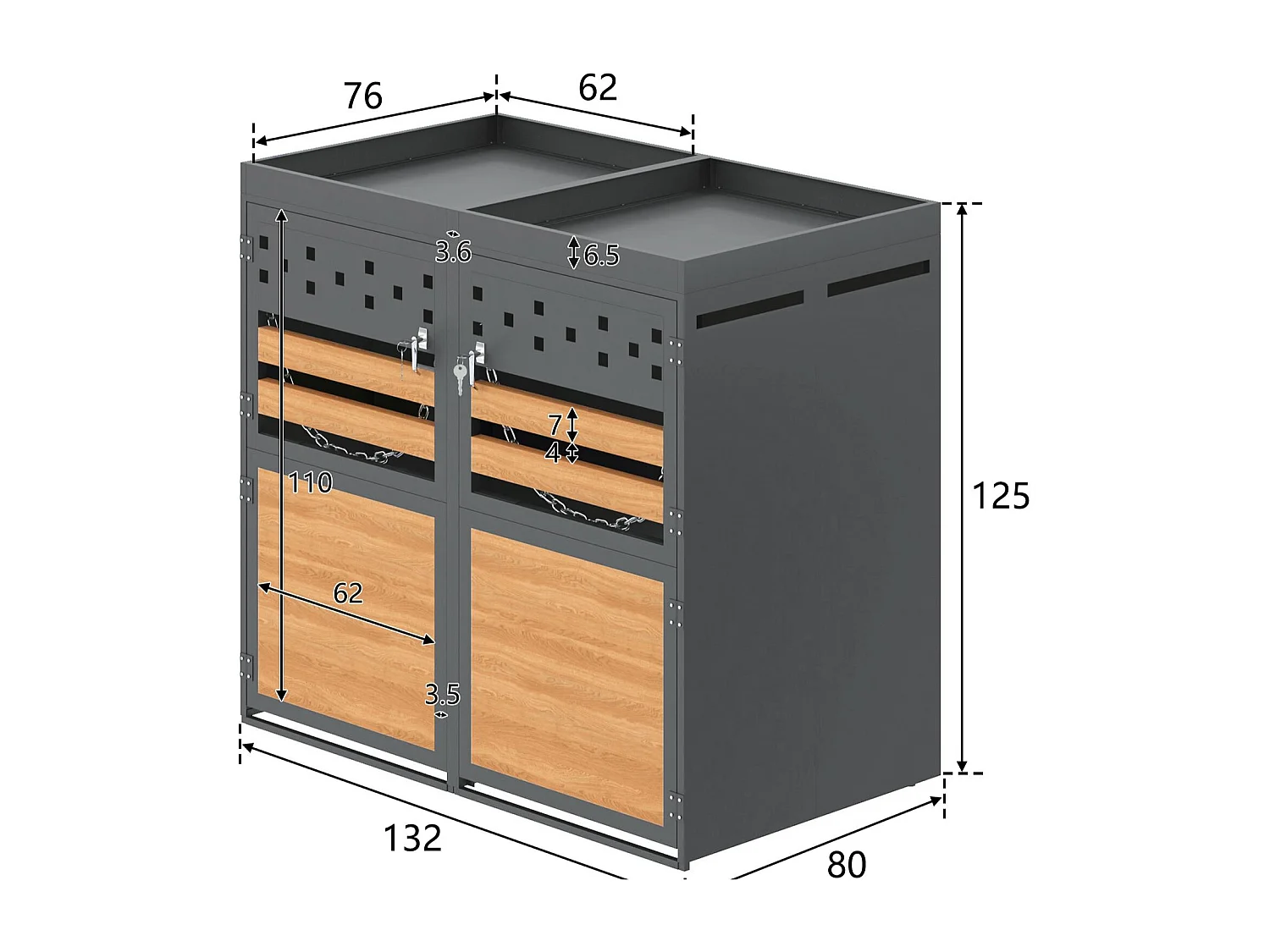 Abri pour Poubelles Double avec Toit Végétalisable - Pour 2 Poubelles 120-240L - En Acier Galvanisé - Design Moderne avec Serrure et Chaînes - 132x80x125 cm