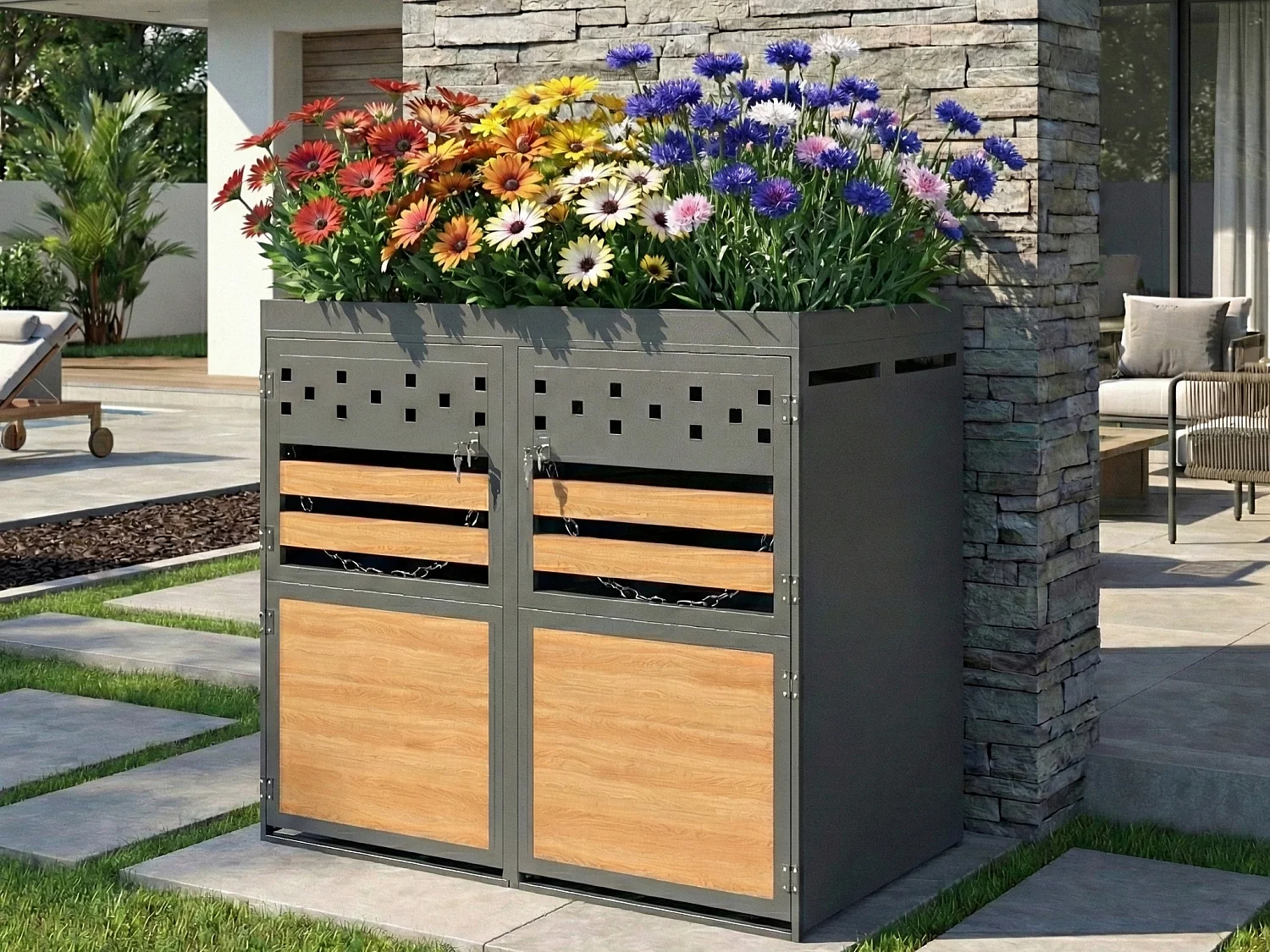 Abri pour Poubelles Double avec Toit Végétalisable - Pour 2 Poubelles 120-240L - En Acier Galvanisé - Design Moderne avec Serrure et Chaînes - 132x80x125 cm