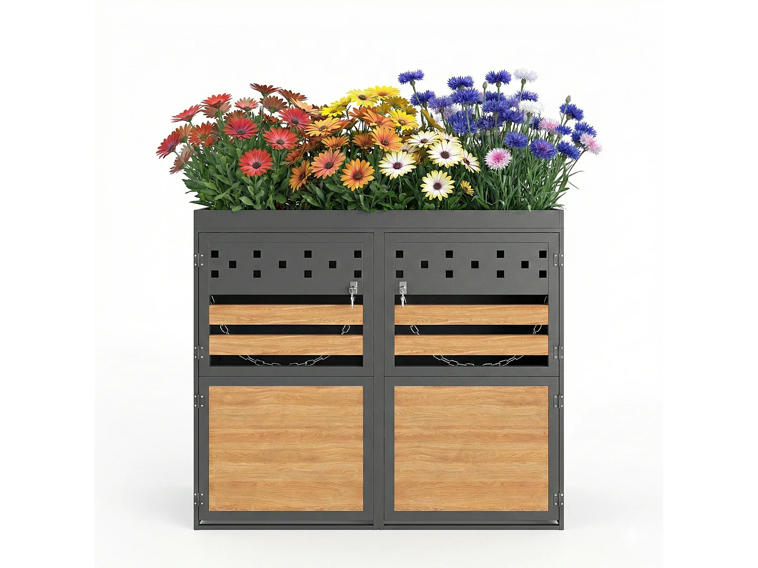 Abri pour Poubelles Double avec Toit Végétalisable - Pour 2 Poubelles 120-240L - En Acier Galvanisé - Design Moderne avec Serrure et Chaînes - 132x80x125 cm