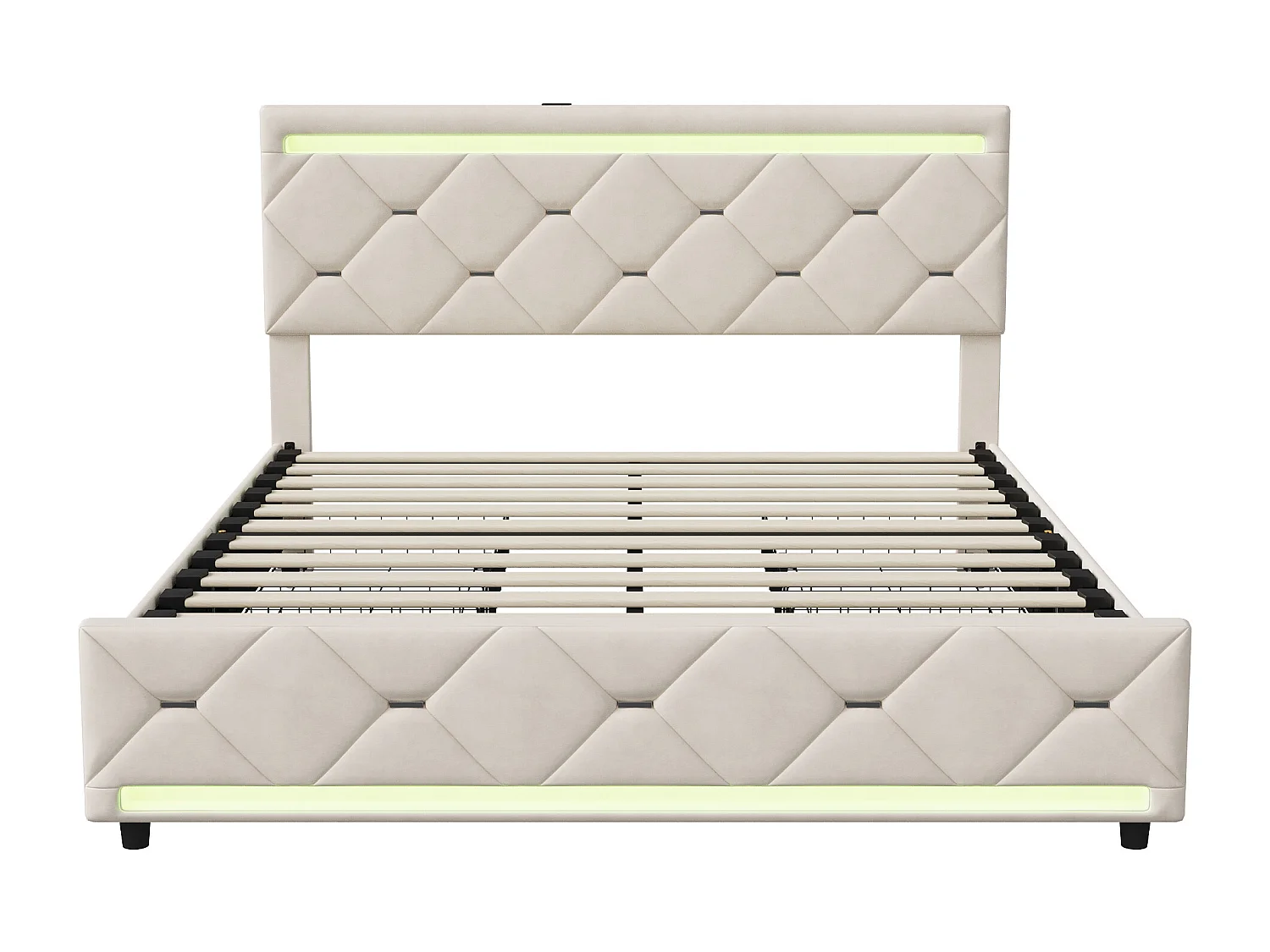 Lit capitonné avec tiroirs latéraux - 140 x 190 cm - avec éclairage LED et ports USB - velours - blanc cassé