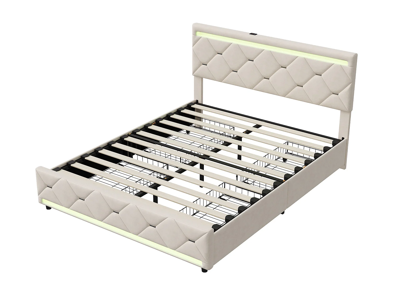 Lit capitonné avec tiroirs latéraux - 140 x 190 cm - avec éclairage LED et ports USB - velours - blanc cassé