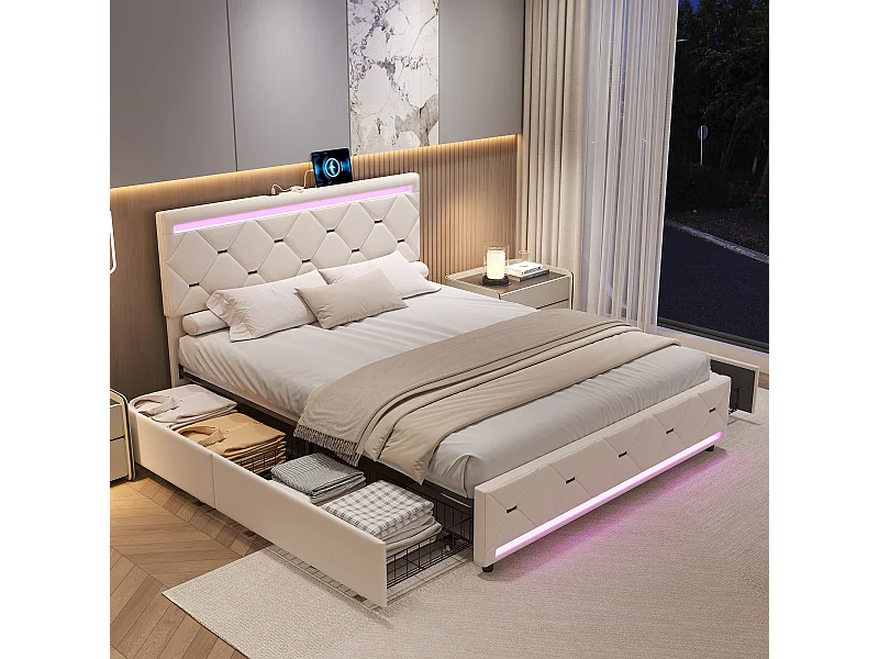 Lit rembourré - lit double 140x190cm avec 4 tiroirs de rangement - tête avec port de charge USB - avec cadre à lames - lit de jeunesse LED