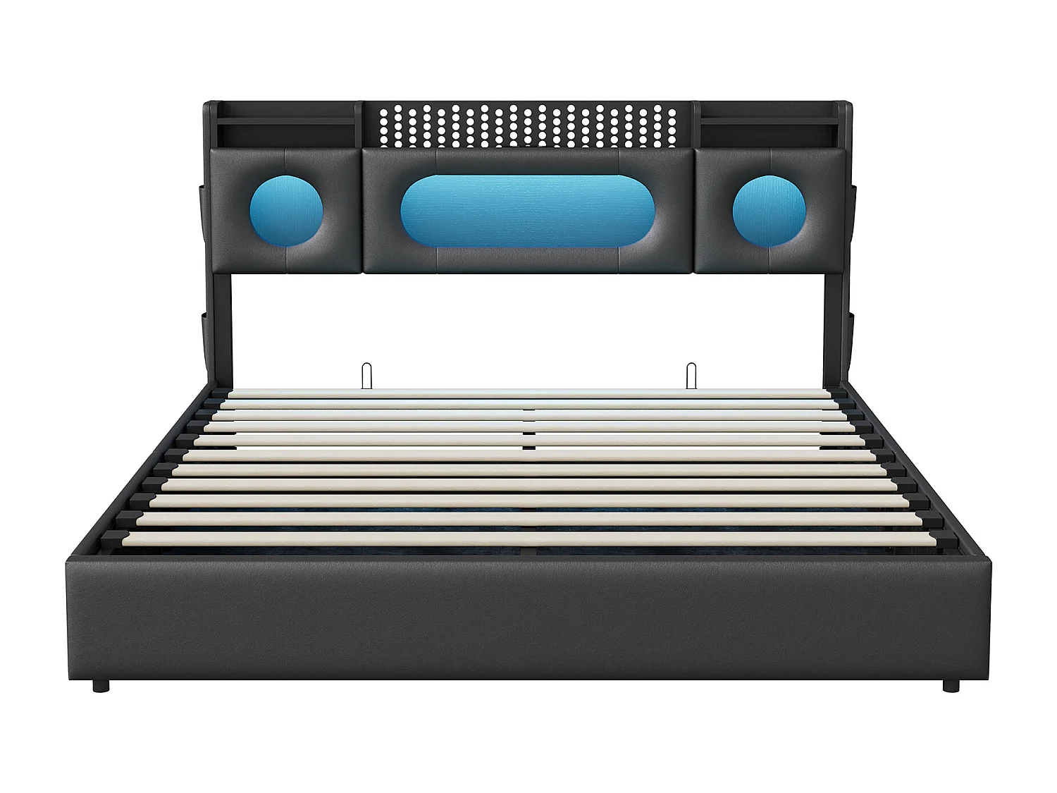 Lit hydraulique avec étagères ouvertes et tête de rangement cachée - lit rembourré 160 x 200cm avec LED et USB Type-C - lit double en PU - noir