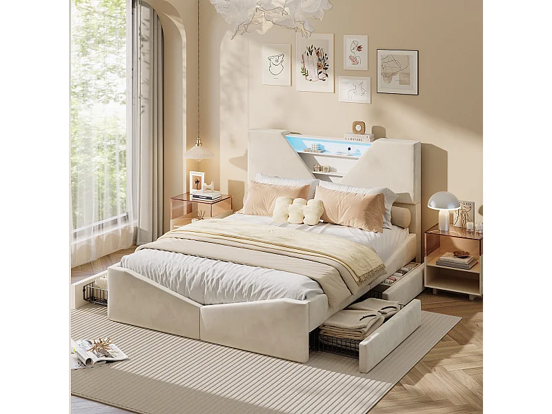 Lit double rembourré avec 4 tiroirs de rangement - Cabinet avec éclairage LED et cadre de lit de rangement - 140x190cm - Velvet