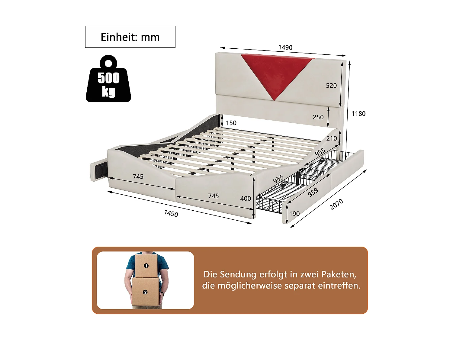 Lit double rembourré avec 4 tiroirs de rangement - Cadres de lit avec base à lames et tête de lit design unique - 140x190cm - Velvet