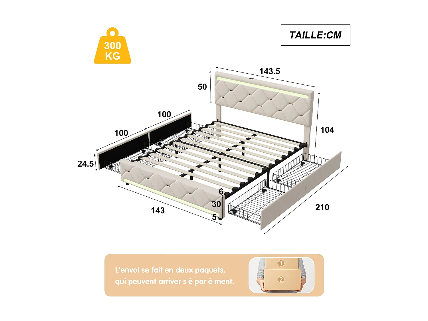 Gestoffeerd beige fluwelen bed 140x200 cm met RGB LED, 4 zijladen, USB-poorten, MDF- en massief houten frame