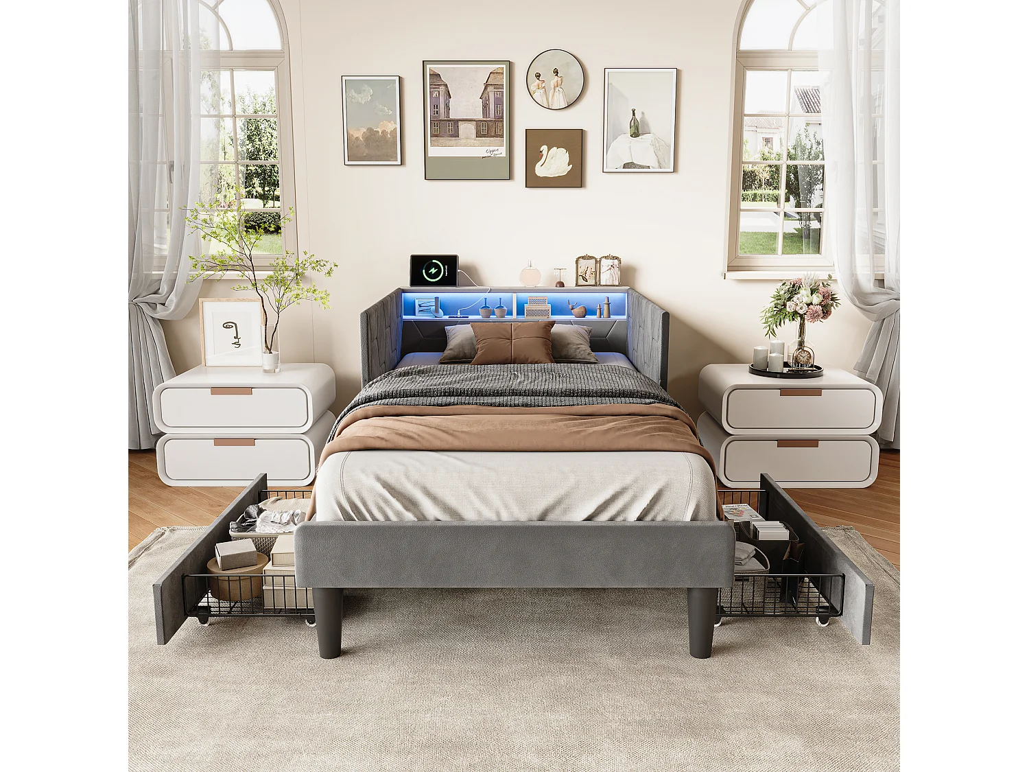 Cama solteiro 90x200 veludo cinza com armazenamento, iluminação LED ajustável e porta USB, 2 gavetas embutidas, conversível em sofá