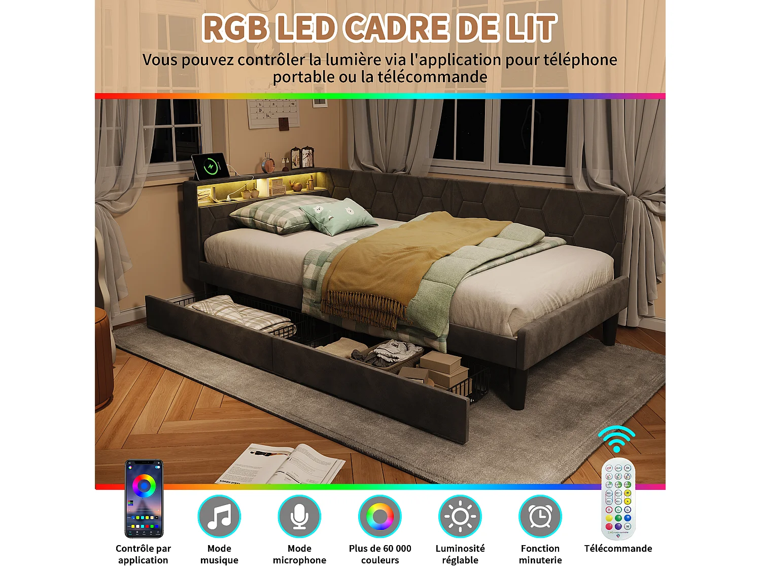 Cama solteiro 90x200 veludo cinza com armazenamento, iluminação LED ajustável e porta USB, 2 gavetas embutidas, conversível em sofá
