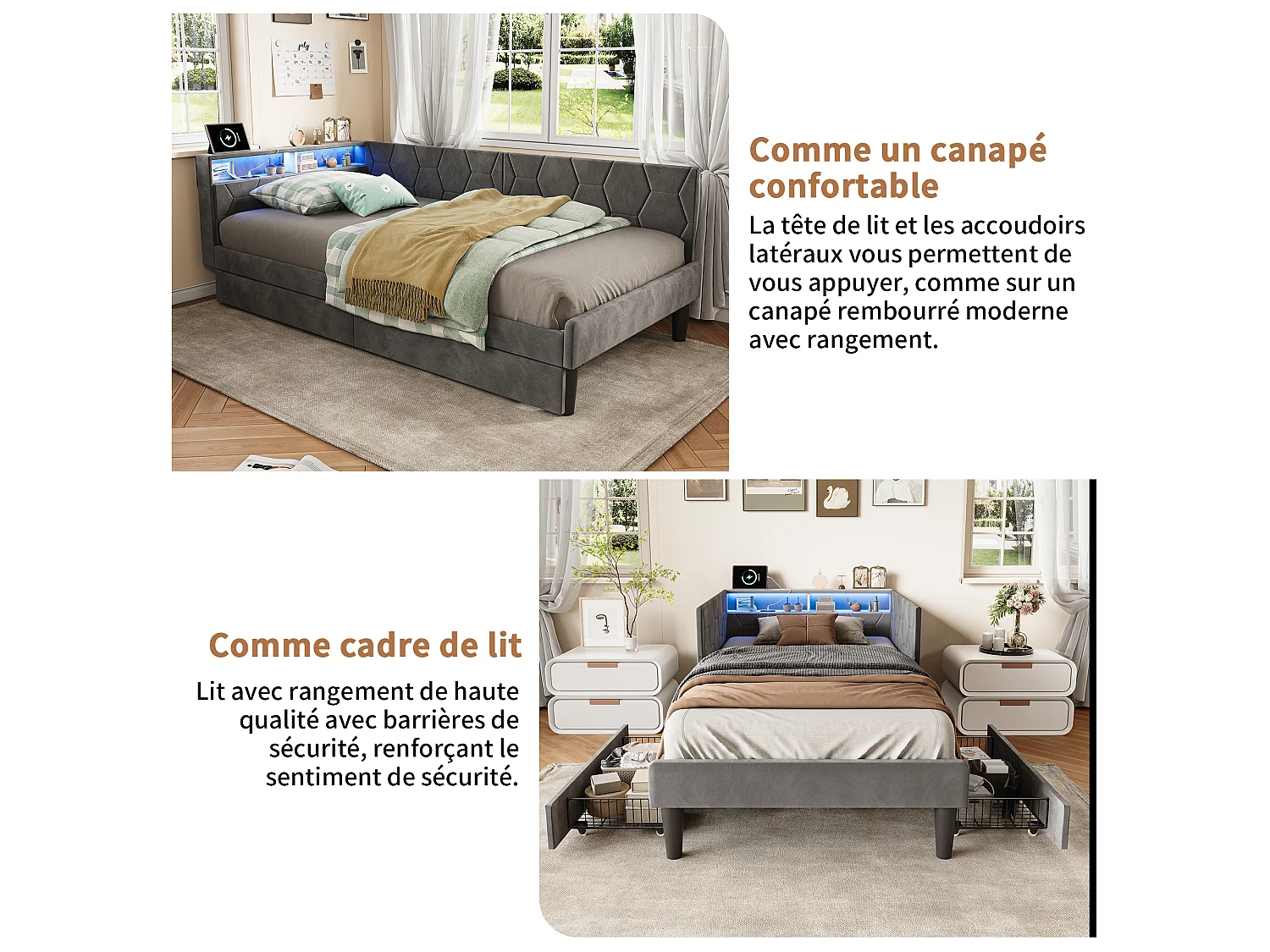 Cama solteiro 90x200 veludo cinza com armazenamento, iluminação LED ajustável e porta USB, 2 gavetas embutidas, conversível em sofá
