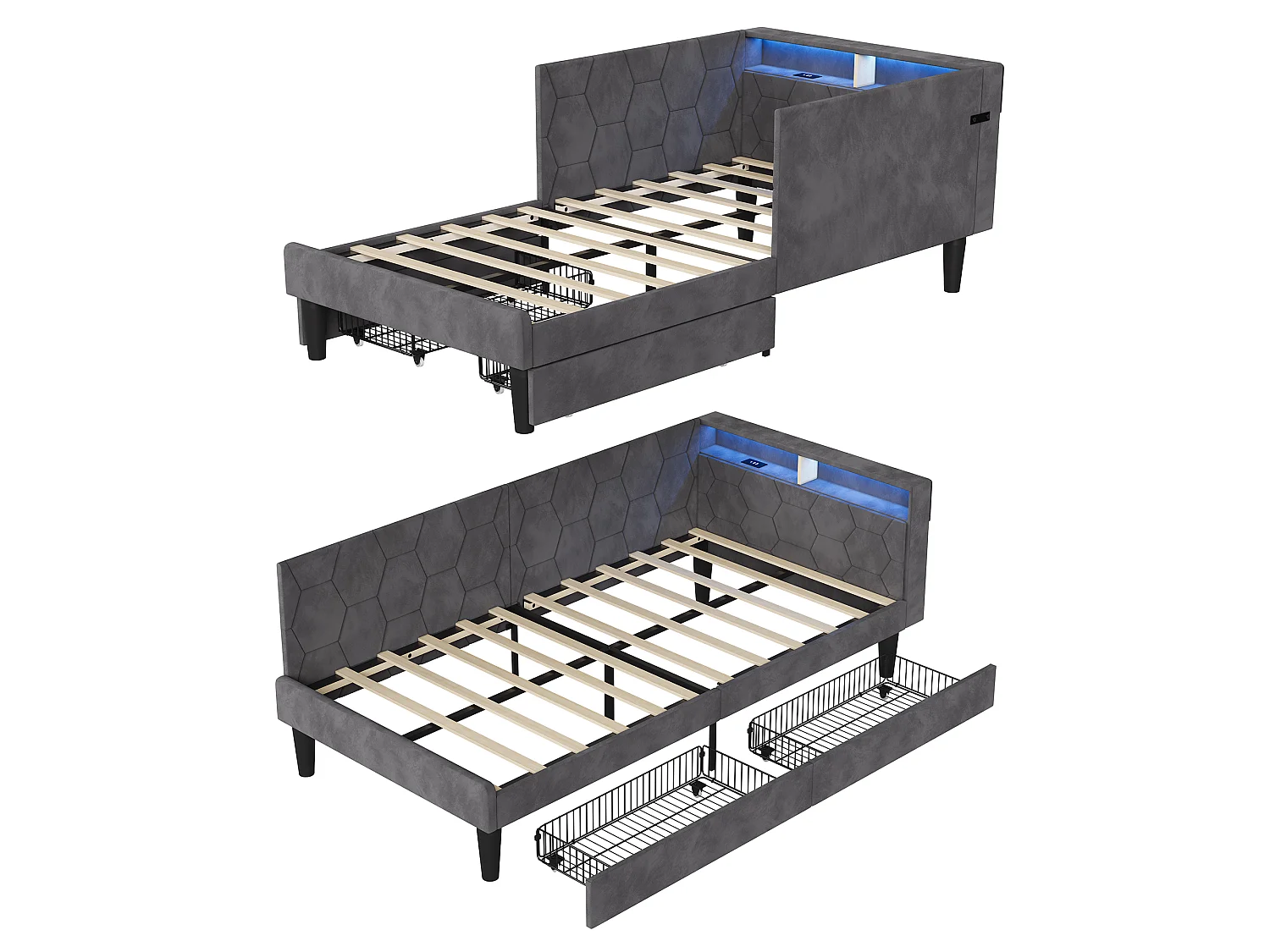 Cama solteiro 90x200 veludo cinza com armazenamento, iluminação LED ajustável e porta USB, 2 gavetas embutidas, conversível em sofá