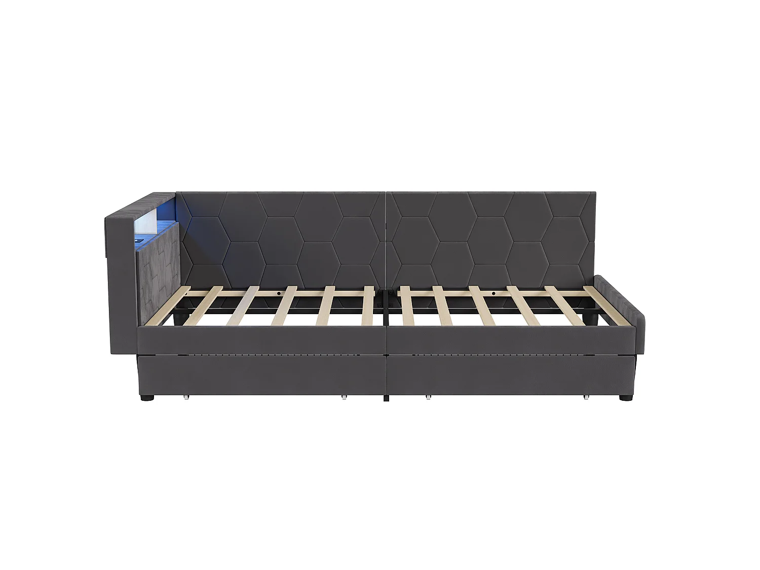 Cama solteiro 90x200 veludo cinza com armazenamento, iluminação LED ajustável e porta USB, 2 gavetas embutidas, conversível em sofá