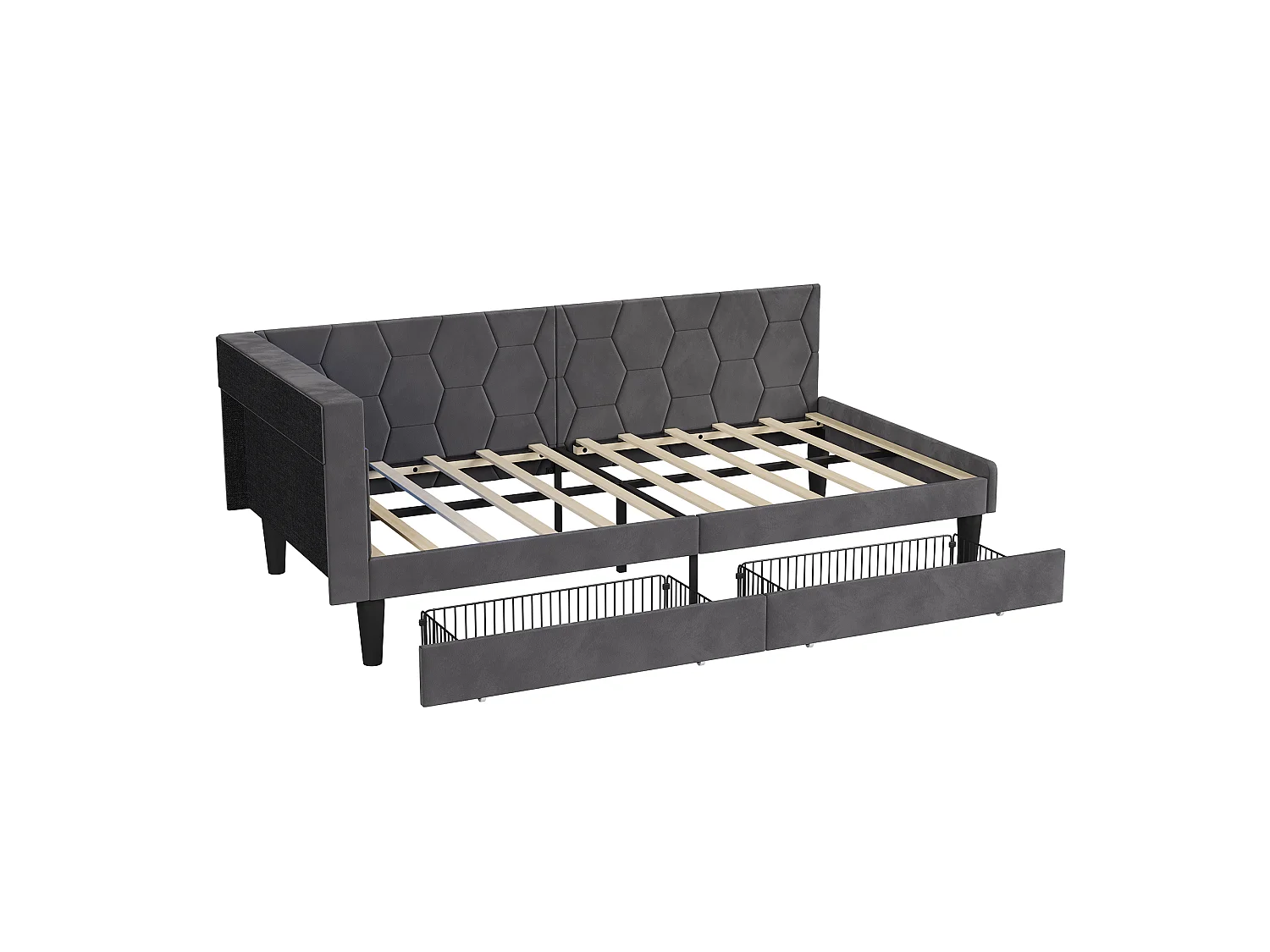 Cama solteiro 90x200 veludo cinza com armazenamento, iluminação LED ajustável e porta USB, 2 gavetas embutidas, conversível em sofá