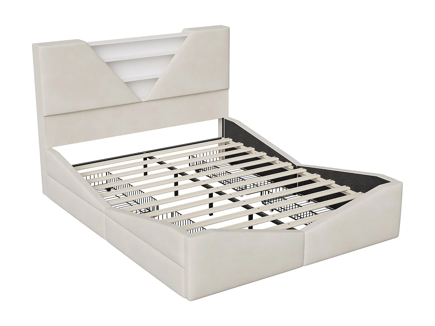 140x200cm lit design à la mode - tête avec LED et étagère de stockage - lit double rembourré avec 4 tiroirs de stockage - velours