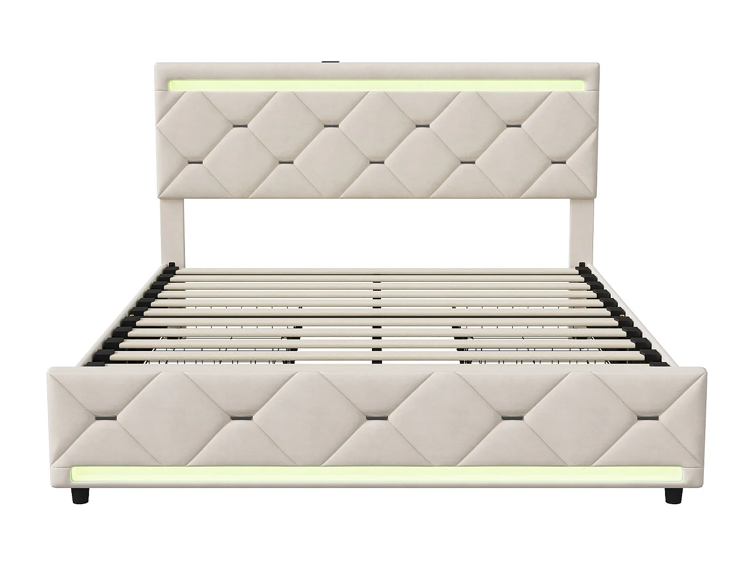 Lit double avec 4 tiroirs de rangement - tête avec port de charge USB lit rembourré - avec cadre à lames - lit de jeunesse LED - 160x200cm