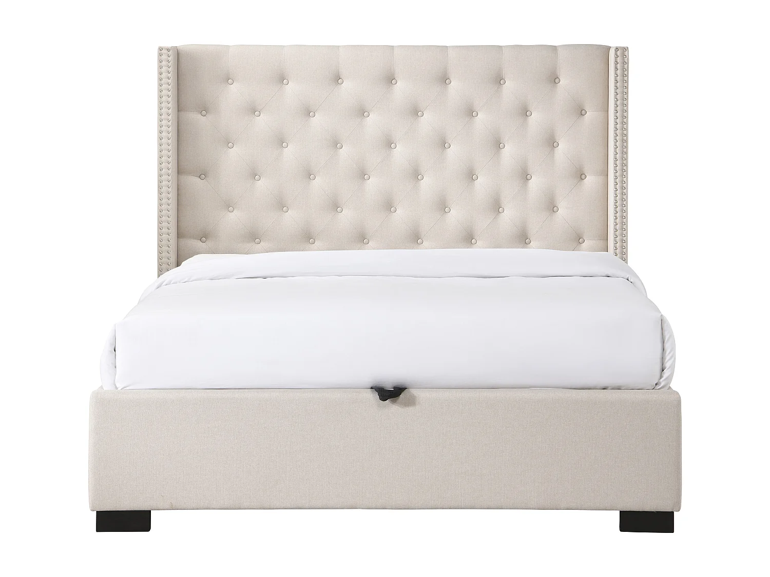 Lit coffre 180 x 200 cm avec tête de lit capitonnée - Tissu - Beige + Matelas - MASSIMO