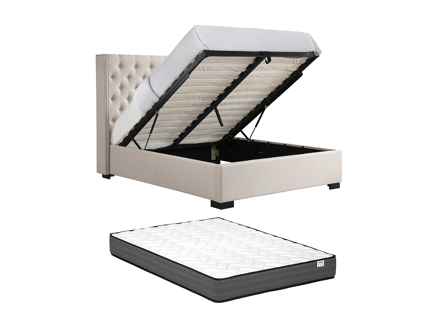 Lit coffre 180 x 200 cm avec tête de lit capitonnée - Tissu - Beige + Matelas - MASSIMO