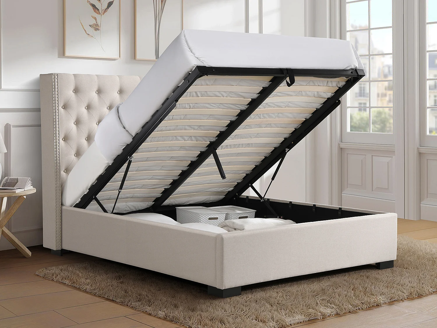Lit coffre 180 x 200 cm avec tête de lit capitonnée - Tissu - Beige + Matelas - MASSIMO