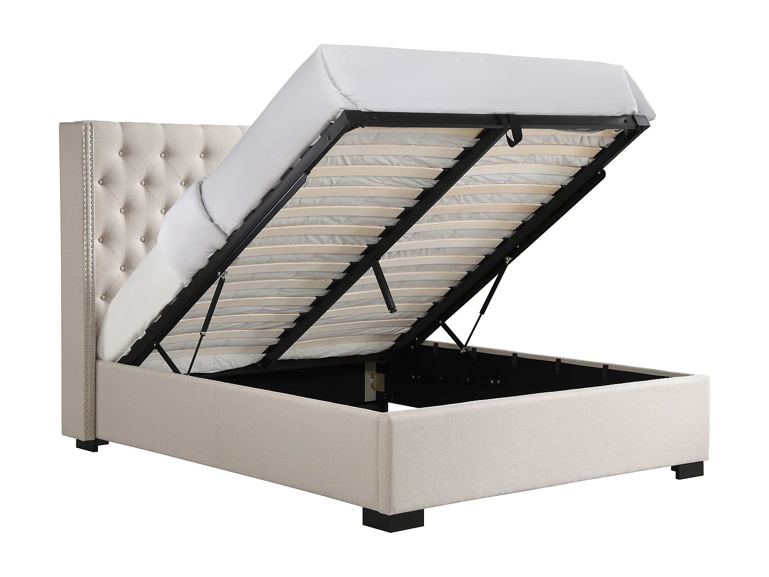 Lit coffre 180 x 200 cm avec tête de lit capitonnée - Tissu - Beige + Matelas - MASSIMO