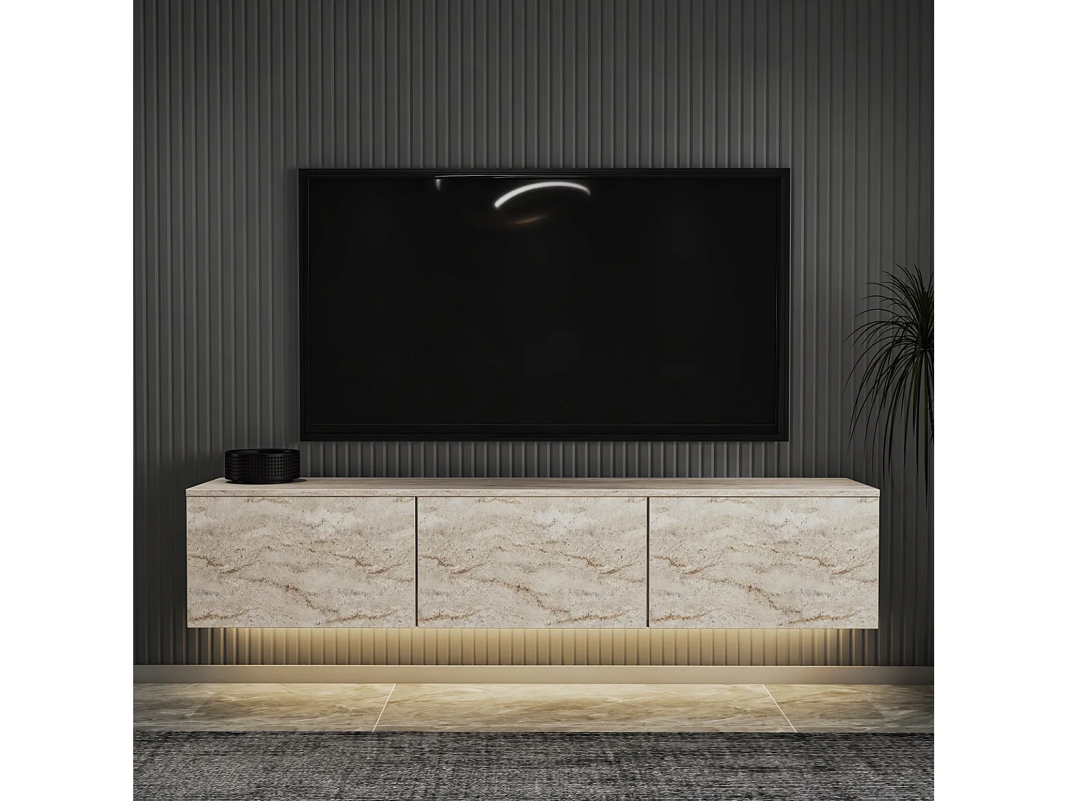 Meuble TV suspendu en bois avec éclairage LED "Neon illuminated" - 160 x 32 x 35 cm - Travertin