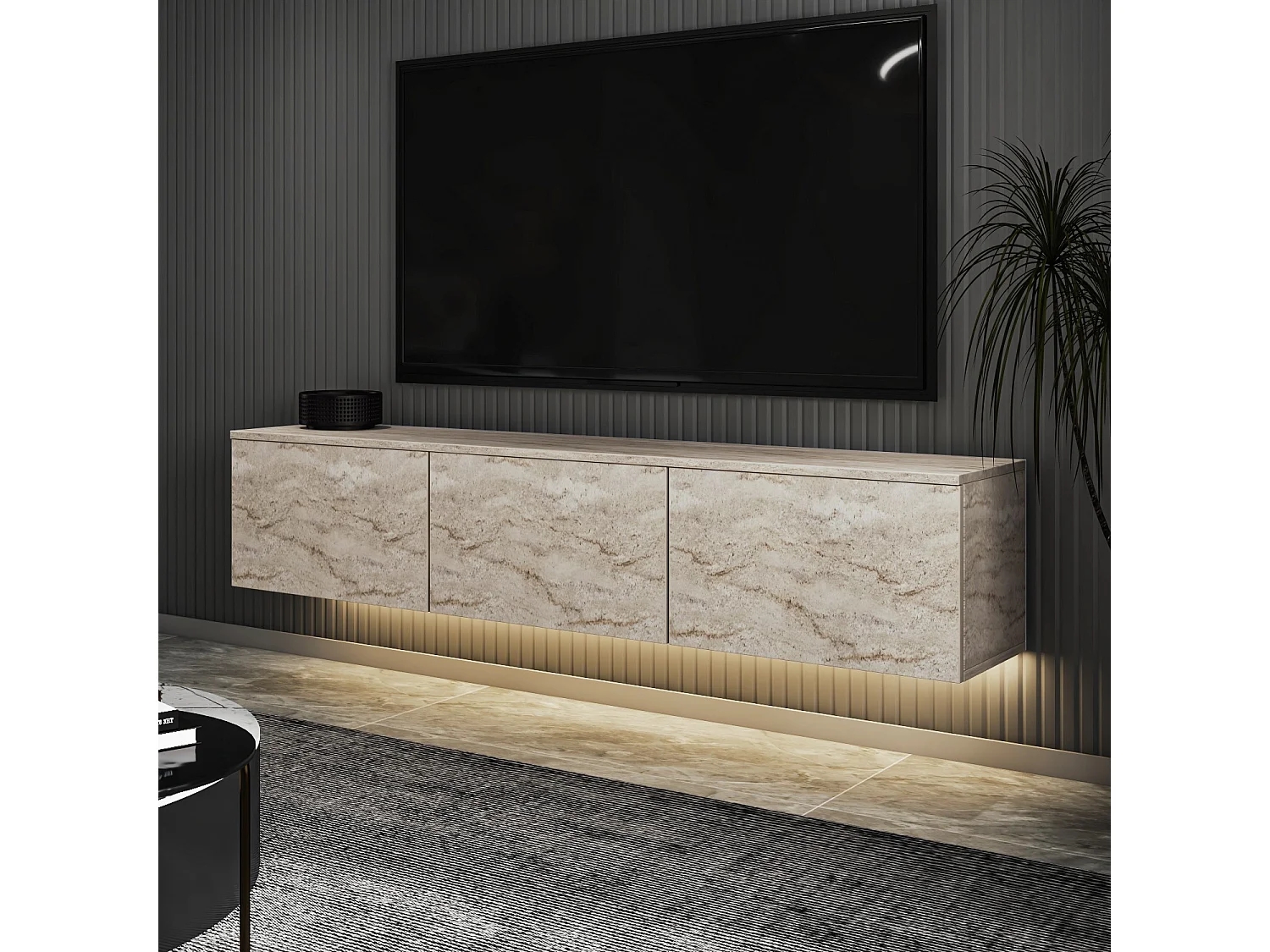 Meuble TV suspendu en bois avec éclairage LED "Neon illuminated" - 160 x 32 x 35 cm - Travertin