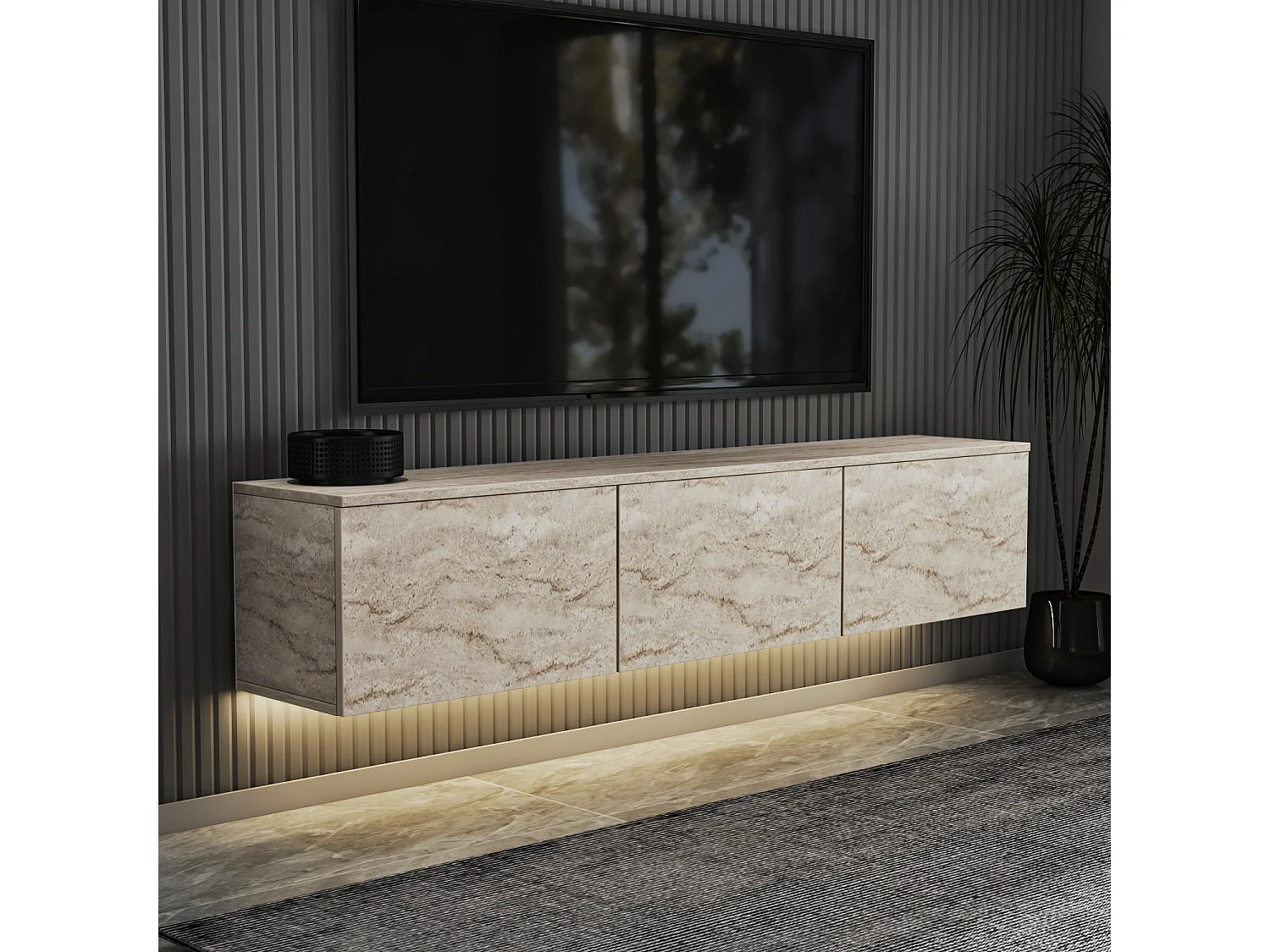 Meuble TV suspendu en bois avec éclairage LED "Neon illuminated" - 160 x 32 x 35 cm - Travertin