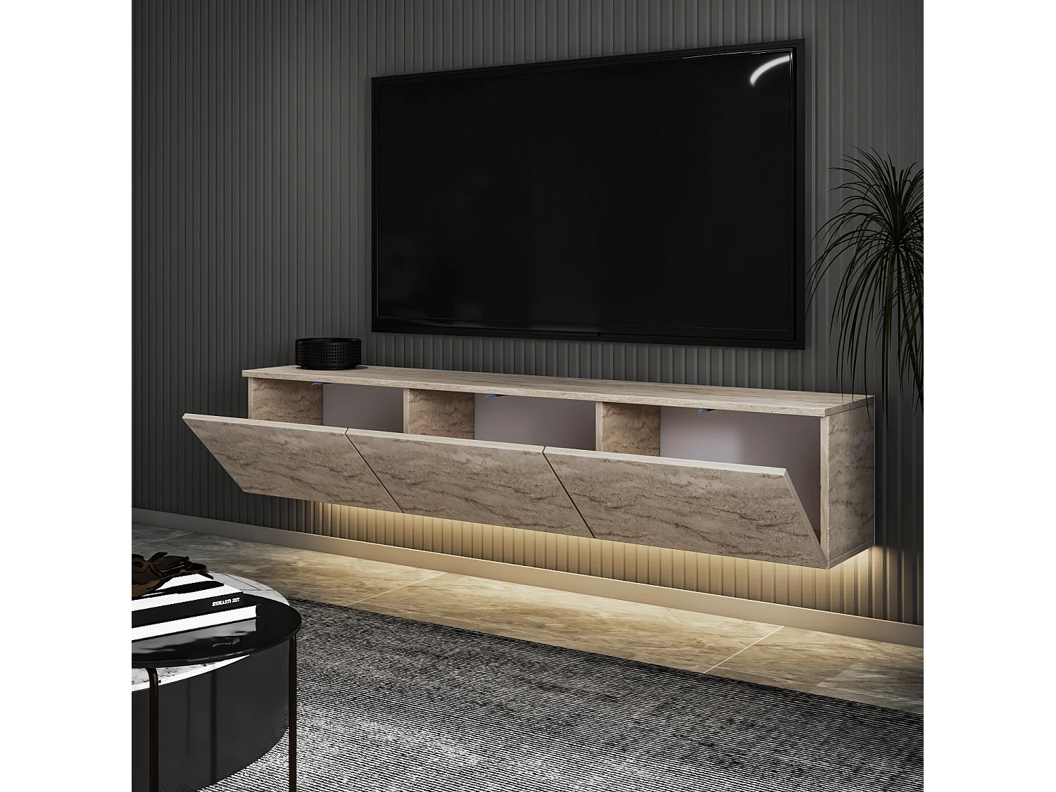 Modern TV-stativ av trä med LED-belysning "Neon Illuminated" - Travertin - 160 x 32 x 35 cm