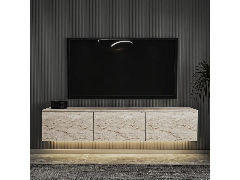 Meuble TV suspendu en bois avec éclairage LED "Neon illuminated" - 160 x 32 x 35 cm - Travertin