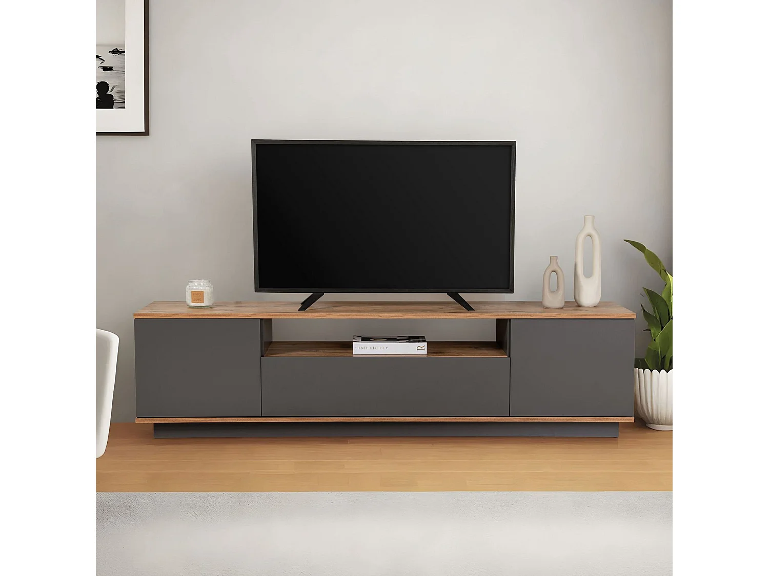 Meuble TV en bois "Veramont" - 180 x 44 x 44 cm - Gris anthracite