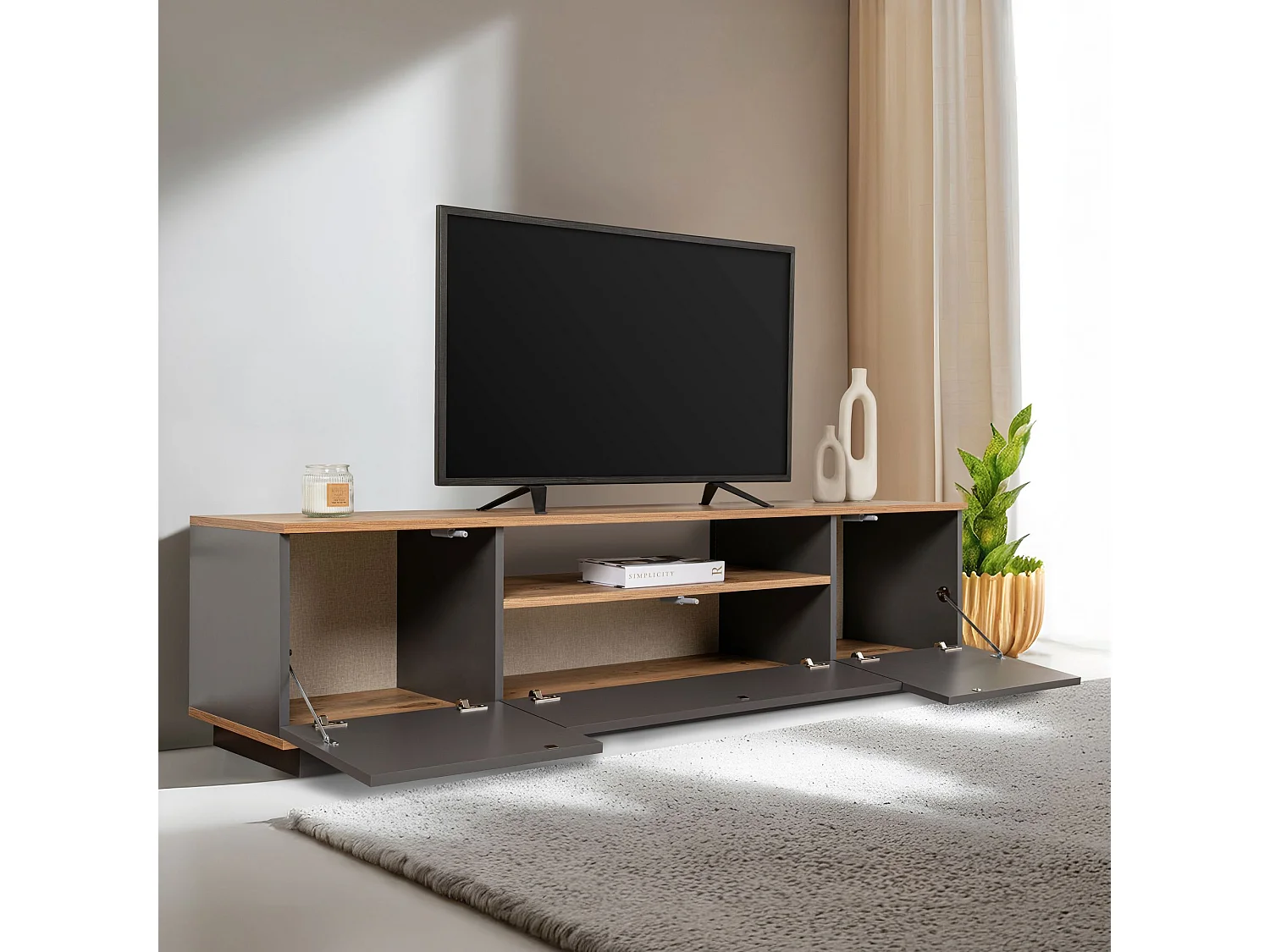Trä-TV-stativ "Veramont" - Modern Design - Grå - 180 x 44 x 44 cm